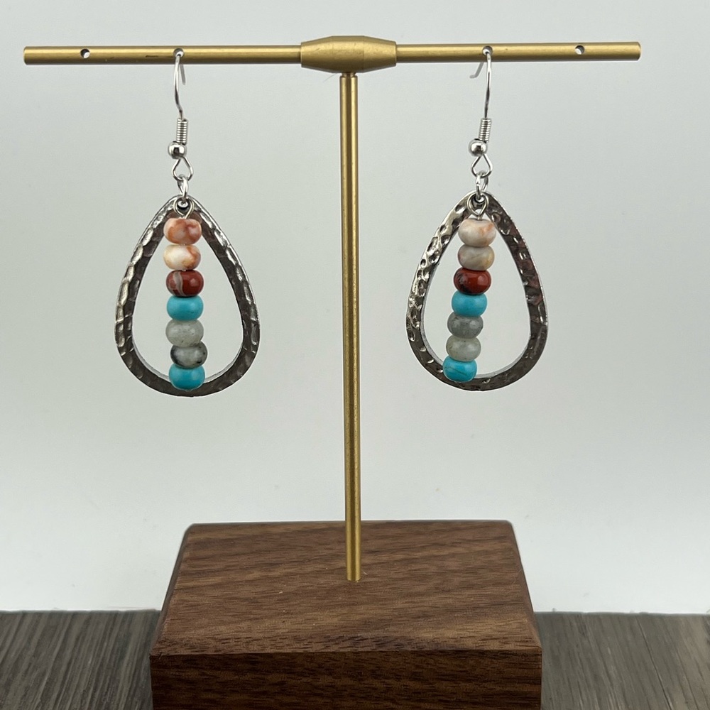 Silver Teardrop Earrings with Multicolor Beads
